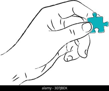 Line art illustration of a hand holding a blue jigsaw puzzle piece Stock Vector