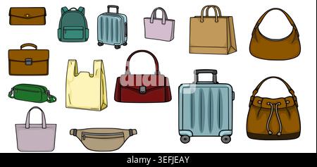 Set of diverse vector bags and luggage, isolated on white background Stock Vector