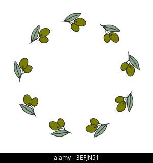 Vector illustration of a simple round olive wreath. Hand drawn circular ornament with green fruit and leaf for plate design, logo, and organic label. Stock Vector