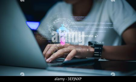 Programmer hands typing on laptop with AI chatbot and coding data. Concept of artificial intelligence, machine learning, and digital transformation in Stock Photo