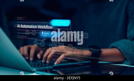 Developer using laptop with AI automation workflow and agent process layout. Concept of machine learning, system optimization, and digital transformat Stock Photo