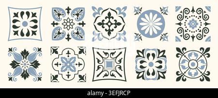 Set of 10 tiles azulejos. Mediterranean tiles, seamless patterns. Spanish, Sicilian, Portuguese, Italian traditional ornaments. Vector Stock Vector