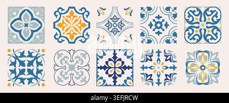 Set of 10 tiles azulejos. Mediterranean tiles, seamless patterns. Spanish, Sicilian, Portuguese, Italian traditional ornaments. Vector Stock Vector