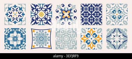Set of 10 tiles azulejos. Mediterranean tiles, seamless patterns. Spanish, Sicilian, Portuguese, Italian traditional ornaments. Vector illustration Stock Vector