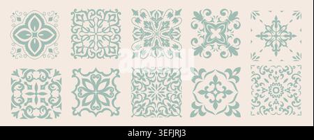 Set of 10 tiles azulejos. Mediterranean tiles, seamless patterns. Spanish, Sicilian, Portuguese, Italian traditional ornaments. Vector illustration Stock Vector