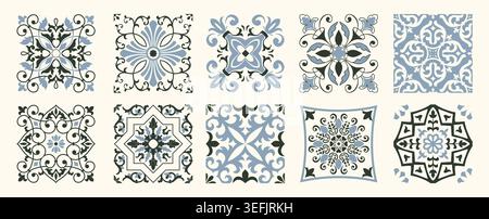 Set of 10 tiles azulejos. Mediterranean tiles, seamless patterns. Spanish, Sicilian, Portuguese, Italian traditional ornaments. Vector Stock Vector