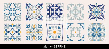 Set of 10 tiles azulejos. Mediterranean tiles, seamless patterns. Spanish, Sicilian, Portuguese, Italian traditional ornaments. Vector Stock Vector
