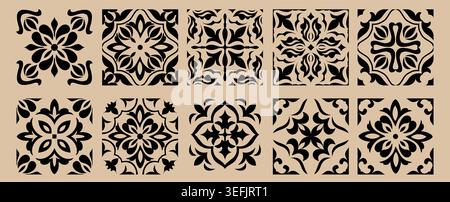 Set of 10 tiles azulejos. Mediterranean tiles, seamless patterns. Spanish, Sicilian, Portuguese, Italian traditional ornaments. Vector Stock Vector