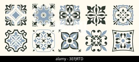 Set of 10 tiles azulejos. Mediterranean tiles, seamless patterns. Spanish, Sicilian, Portuguese, Italian traditional ornaments. Vector Stock Vector