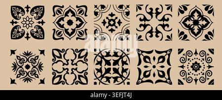 Set of 10 tiles azulejos. Mediterranean tile patterns in black and brown. Spanish, Sicilian, Portuguese, Italian traditional ornaments. Vector Stock Vector