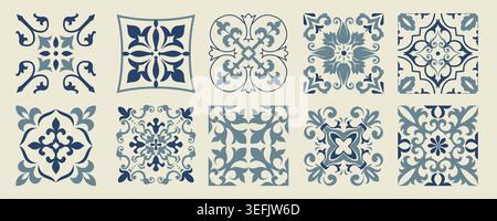 Set of 10 tiles azulejos. Mediterranean tiles, seamless patterns. Spanish, Sicilian, Portuguese, Italian traditional ornaments. Vector Stock Vector