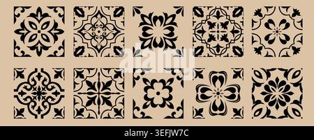 Set of 10 tiles azulejos. Mediterranean tiles, seamless patterns. Spanish, Sicilian, Portuguese, Italian traditional ornaments. Vector Stock Vector