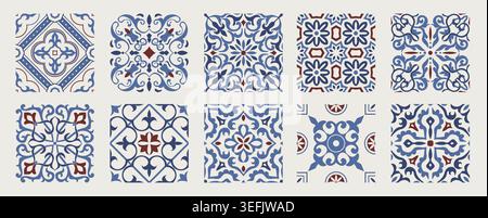 Set of 10 tiles azulejos. Mediterranean tiles, seamless patterns. Spanish, Sicilian, Portuguese, Italian traditional ornaments. Vector Stock Vector