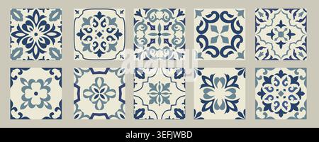 Set of 10 tiles azulejos. Mediterranean tiles, seamless patterns. Spanish, Sicilian, Portuguese, Italian traditional ornaments. Vector Stock Vector