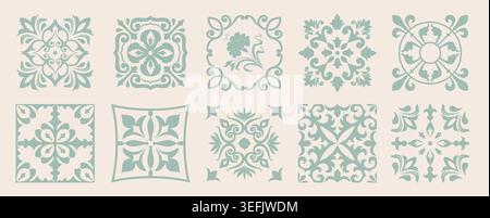 Set of 10 tiles azulejos. Mediterranean tiles, seamless patterns. Spanish, Sicilian, Portuguese, Italian traditional ornaments. Vector Stock Vector