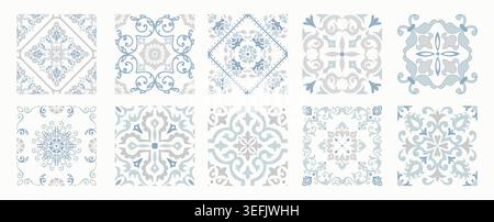 Set of 10 tiles azulejos. Mediterranean tiles, seamless patterns. Spanish, Sicilian, Portuguese, Italian traditional ornaments. Vector Stock Vector