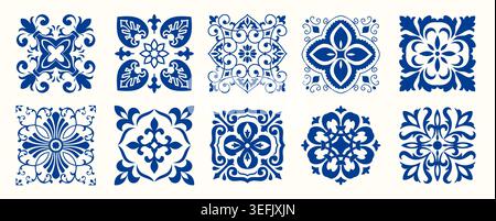 Set of 10 tiles azulejos in blue. Mediterranean tiles, seamless patterns. Spanish, Sicilian, Portuguese, Italian traditional ornaments. Vector Stock Vector