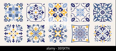 Set of 10 tiles azulejos. Mediterranean tiles, seamless patterns. Spanish, Sicilian, Portuguese, Italian traditional ornaments. Vector Stock Vector