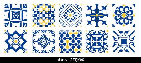 Set of 10 tiles azulejos in blue. Mediterranean tiles, seamless patterns. Spanish, Sicilian, Portuguese, Italian traditional ornaments. Vector Stock Vector