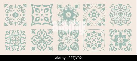 Set of 10 tiles azulejos. Mediterranean tiles, seamless patterns. Spanish, Sicilian, Portuguese, Italian traditional ornaments. Vector Stock Vector