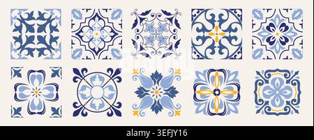 Set of 10 tiles azulejos. Mediterranean tiles, seamless patterns. Spanish, Sicilian, Portuguese, Italian traditional ornaments. Vector Stock Vector