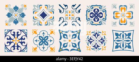 Set of 10 tiles azulejos. Mediterranean tiles, seamless patterns. Spanish, Sicilian, Portuguese, Italian traditional ornaments. Vector Stock Vector