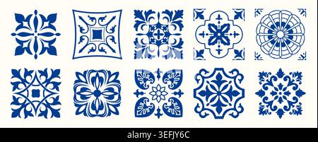 Set of 10 tiles azulejos in blue. Mediterranean tiles, seamless patterns. Spanish, Sicilian, Portuguese, Italian traditional ornaments. Vector Stock Vector