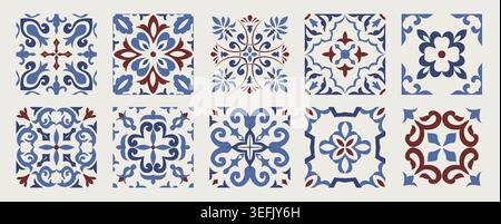 Set of 10 tiles azulejos. Mediterranean tiles, seamless patterns. Spanish, Sicilian, Portuguese, Italian traditional ornaments. Vector Stock Vector