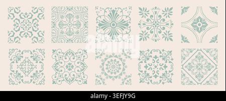 Set of 10 tiles azulejos in green. Mediterranean tiles, seamless patterns. Spanish, Sicilian, Portuguese, Italian traditional ornaments. Vector Stock Vector