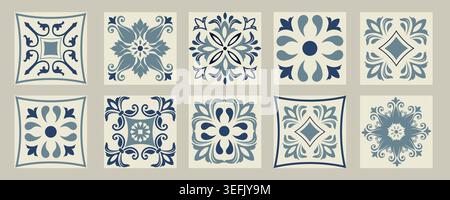 Set of 10 tiles azulejos. Mediterranean tiles, seamless patterns. Spanish, Sicilian, Portuguese, Italian traditional ornaments. Vector Stock Vector