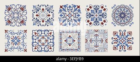 Set of 10 tiles azulejos. Colorful Mediterranean tiles, seamless patterns. Spanish, Sicilian, Portuguese, Italian traditional ornaments. Vector Stock Vector