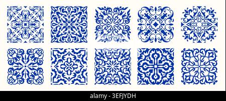 Set of 10 tiles azulejos. Mediterranean tiles, seamless patterns. Spanish, Sicilian, Portuguese, Italian traditional ornaments. Vector Stock Vector