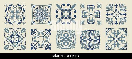 Set of 10 tiles azulejos. Mediterranean tiles, seamless patterns. Spanish, Sicilian, Portuguese, Italian traditional ornaments. Vector Stock Vector