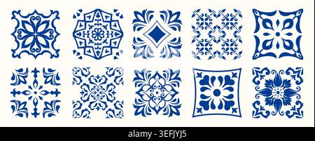 Set of 10 tiles azulejos. Mediterranean tiles, seamless patterns. Spanish, Sicilian, Portuguese, Italian traditional ornaments. Vector Stock Vector