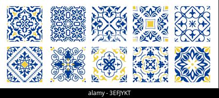 Set of 10 tiles azulejos. Mediterranean tiles, seamless patterns. Spanish, Sicilian, Portuguese, Italian traditional ornaments. Vector Stock Vector