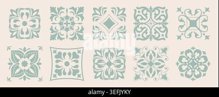 Set of 10 tiles azulejos in green. Mediterranean tiles, seamless patterns. Spanish, Sicilian, Portuguese, Italian traditional ornaments. Vector Stock Vector