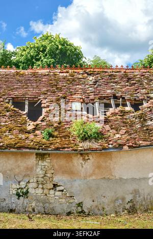 Large holes in old tiled roof of semi-derelict outbuildings - Martizay, Indre (36), France. Stock Photo