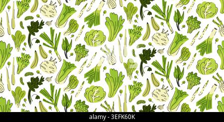 Seamless pattern with green vegetables and herbs for local farmers market, smoothie ingredients Stock Vector
