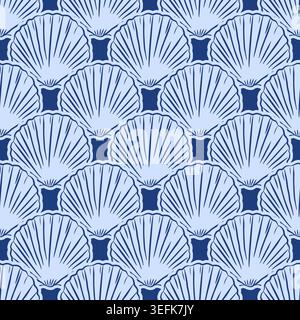 Seamless pattern with blue seashell scallops arranged in wave like texture. Coastal style scallop clam. Mediterranean doodle style, ideal for coastal Stock Vector