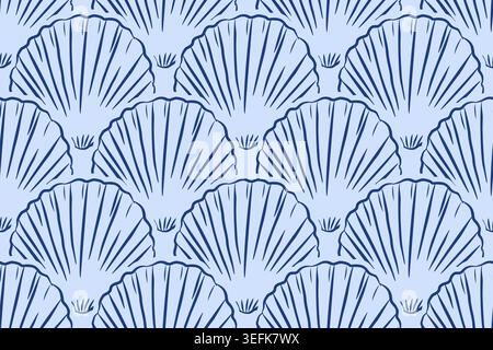 Seamless pattern with elegant line art blue seashells on light blue background. Nautical scallop clam. Mediterranean doodle style, perfect for summer Stock Vector