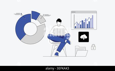 Modern businessman working on laptop with floating data charts pie graphs and cloud computing security vector illustration Stock Vector