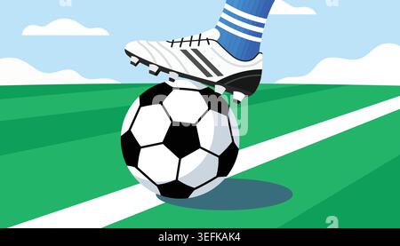Close up of player foot in cleat stepping on soccer football ball on green field vector background Stock Vector