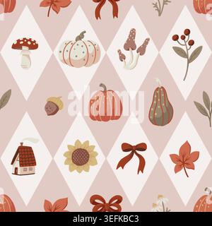 Autumn cozy seamless pattern with pumpkins mushrooms sunflowers leaves warm vintage decor illustration Stock Vector