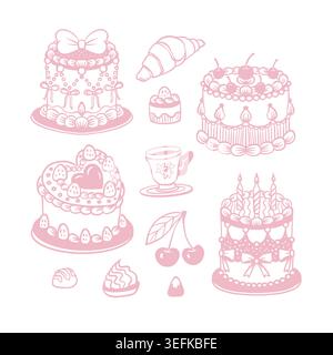 Cake Isolated Illustration with Sweets Cherries Croissant Tea Cup Handdrawn Pink Design Stock Vector