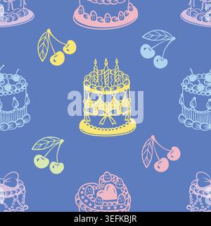 Seamless Cake Pattern with Cherries, Croissants, Tea, Sweets, Pastel Pink Background Stock Vector