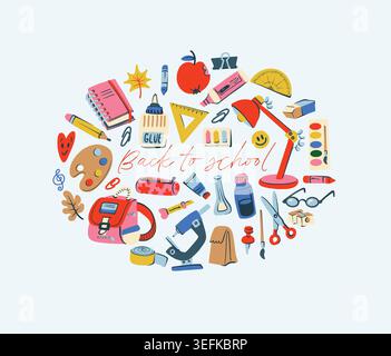 Back to School Card with Colorful Stationery Art Supplies Notebook Science Apple Design Stock Vector