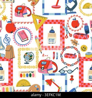 Back to School Seamless Pattern with Colorful Stationery Art Science Apple Supplies Design Stock Vector