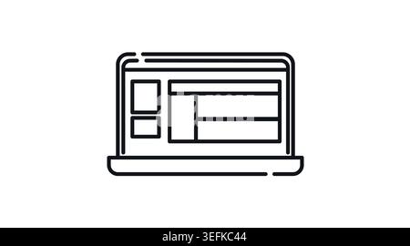 Laptop with website on screen icon: portable computer displaying web page layout, minimalist black line art vector illustration. Stock Vector