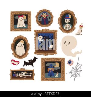 Halloween portrait isolated with ghosts skeletons vampire vintage frames spooky decor illustration Stock Vector