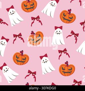 Cute ghost Halloween seamless pattern cartoon spooky characters funny graphic background desig Stock Vector